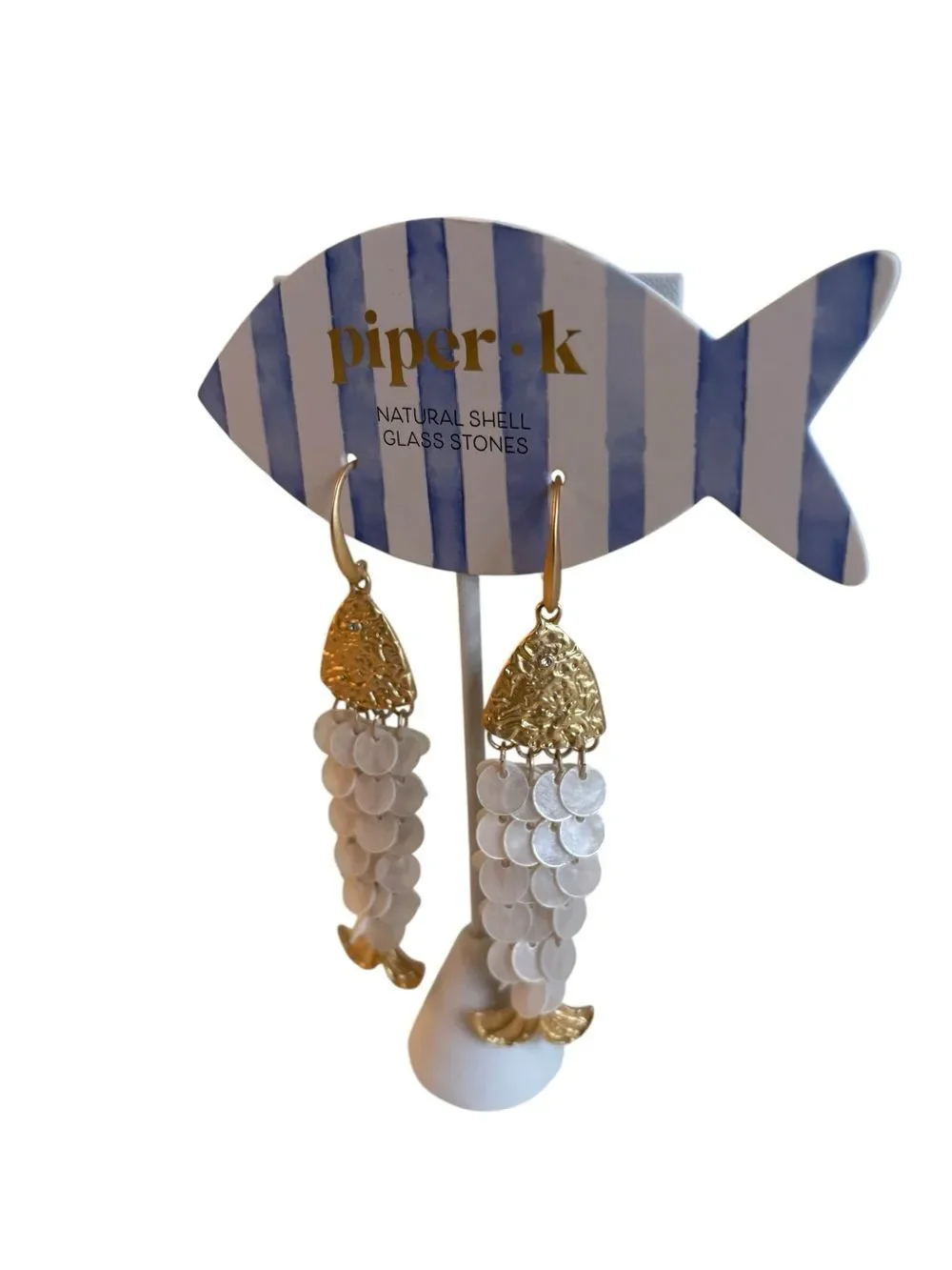 Hammered Brush Gold Tone Fish Head Drop Earrings w/ Cascading Shell Discs.